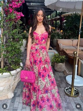 Fashion Nova Floral Cutout Maxi Dress - Pink